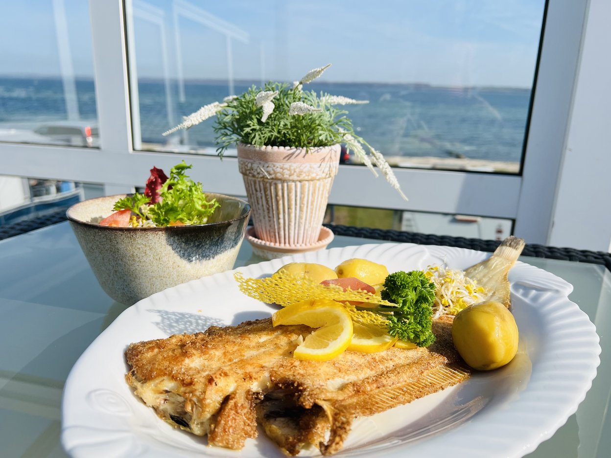 Fischgericht angerichtet auf einem Teller, dazu in einer kleinen Schüssel ein Salat, ebenfalls auf dem Tisch Pflanze im Topf als Deko, im Hintergrund ein Fenster und der Ausblick auf Strand und Meer